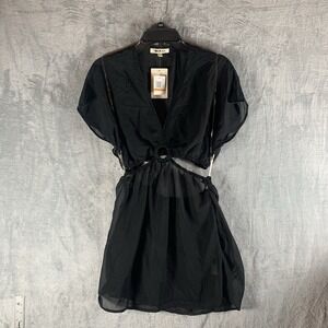 Miken Women's Swim‎ Cover Up S Dress Cut Out Sheer Black Ring Cap Sleeve Plunge